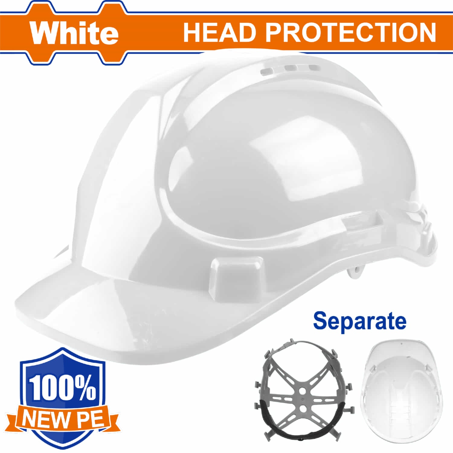 Casco de seguridad color blanco. 6 puntos de suspension. Ajustable. Carcasa de PE. Incluye correa.