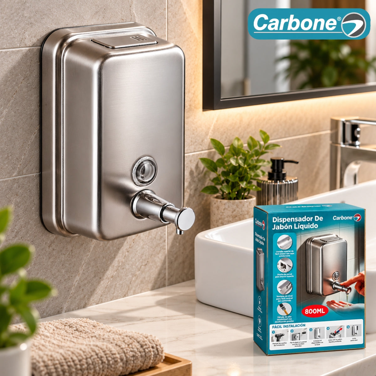 Dispensador De Jabón Líquido 800 ml de Acero Inoxidable 304 Satinado. Dosificador Manual Para Pared.