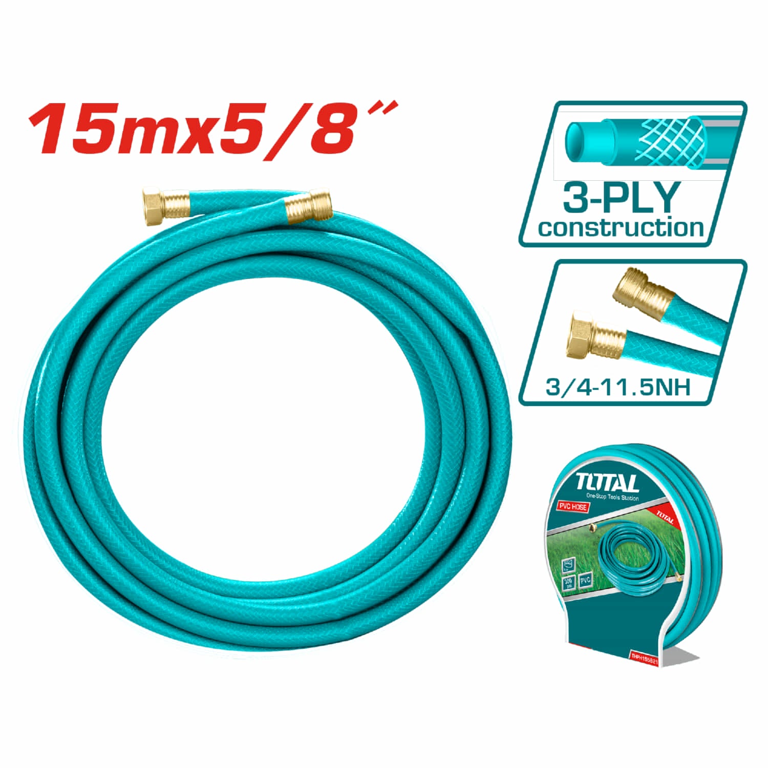Manguera 5/8" x 50 Pies para jardín con couplings de 3/4" . Reforzada alta calidad
