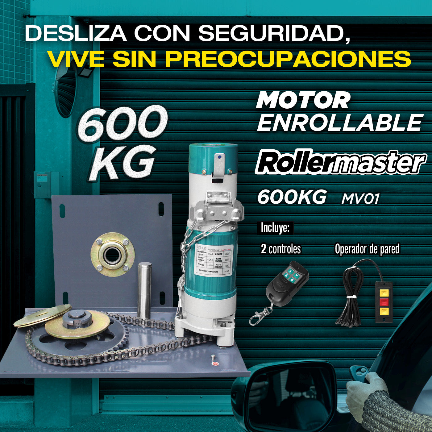Motores enrollables 600Kg para cortinas metalicas 110V/60htz. Incluye 2 controles remotos y operador de pared
