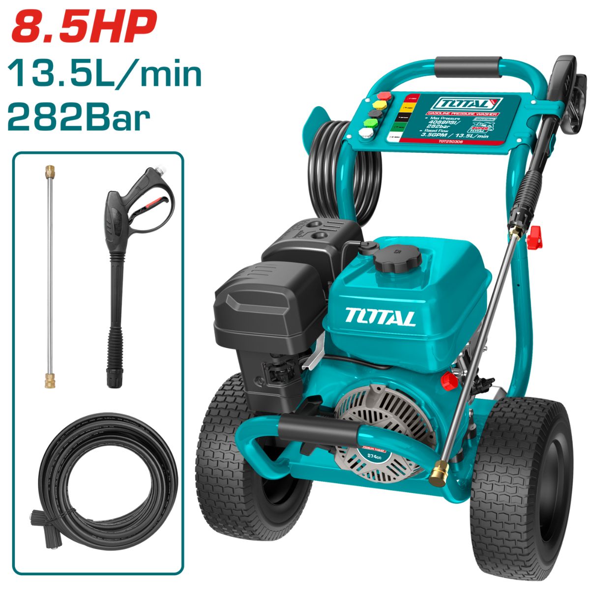 Hidrolavadora a Gasolina Presión 4089 PSI. 8.5 HP. 13.5/min. Incluye accesorios.