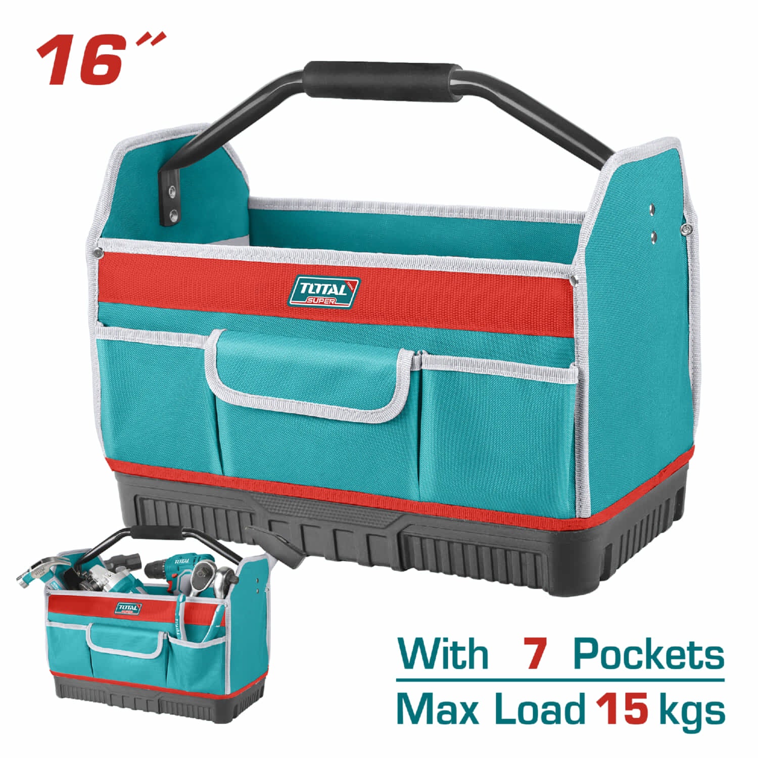 Bolso Caja herramientas de poliéster 600D, Tamaño 16”. 7 bolsillos. Capacidad: 15Kg.
