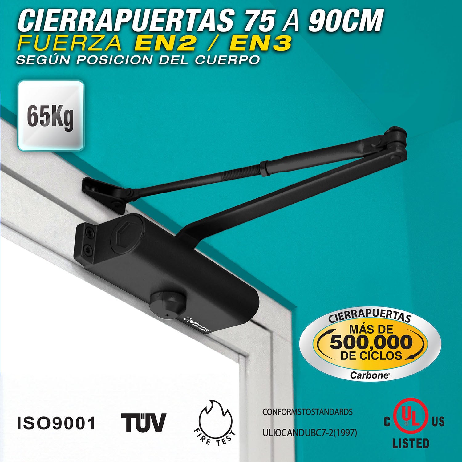Cierrapuertas para 75 a 90 cm (65kg).Fuerza EN2 o EN3 según posicion del cuerpo. Color Negro