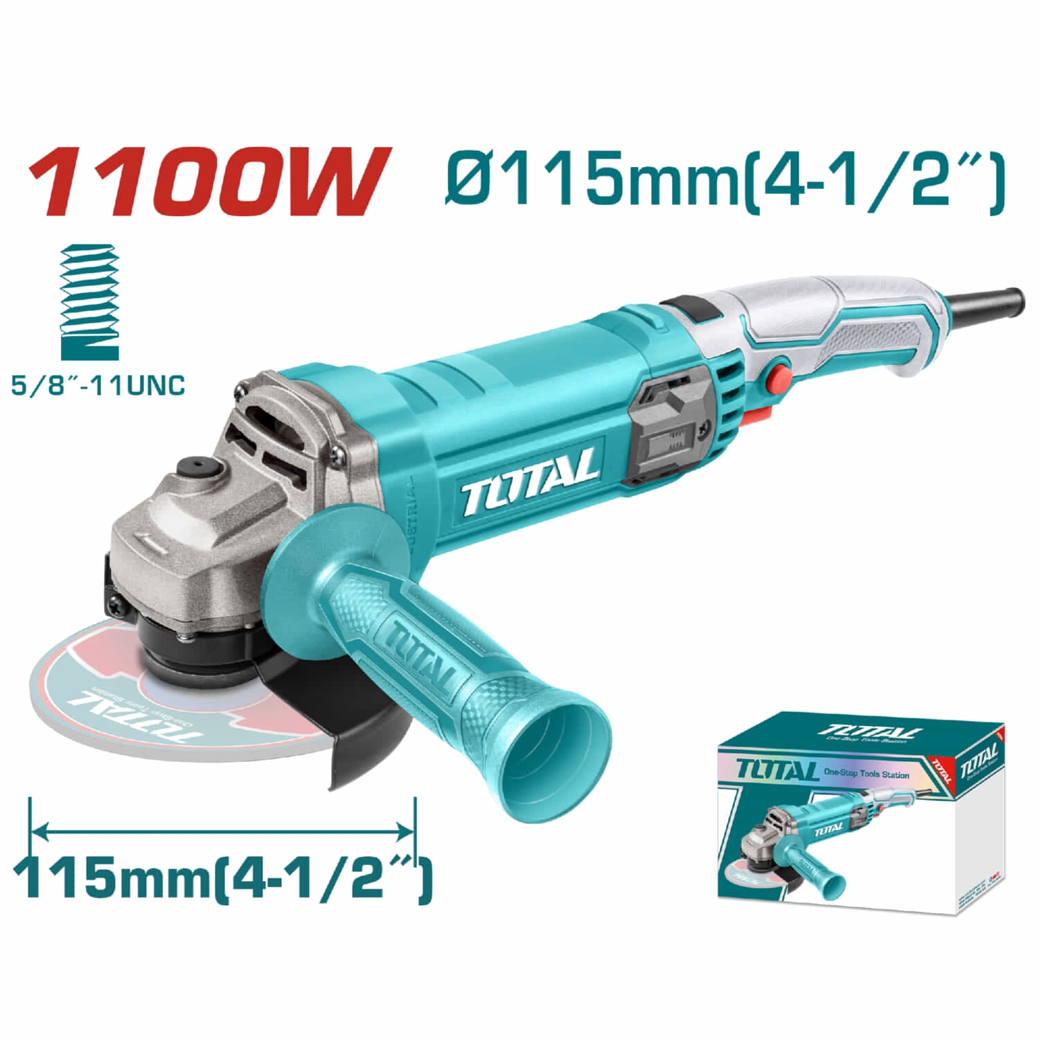 Esmeriladora Angular.1100W. Veloc. sin carga: 12000rpm. 4-1/2" Rosca: 5/8"-11UNC No incluye disco.