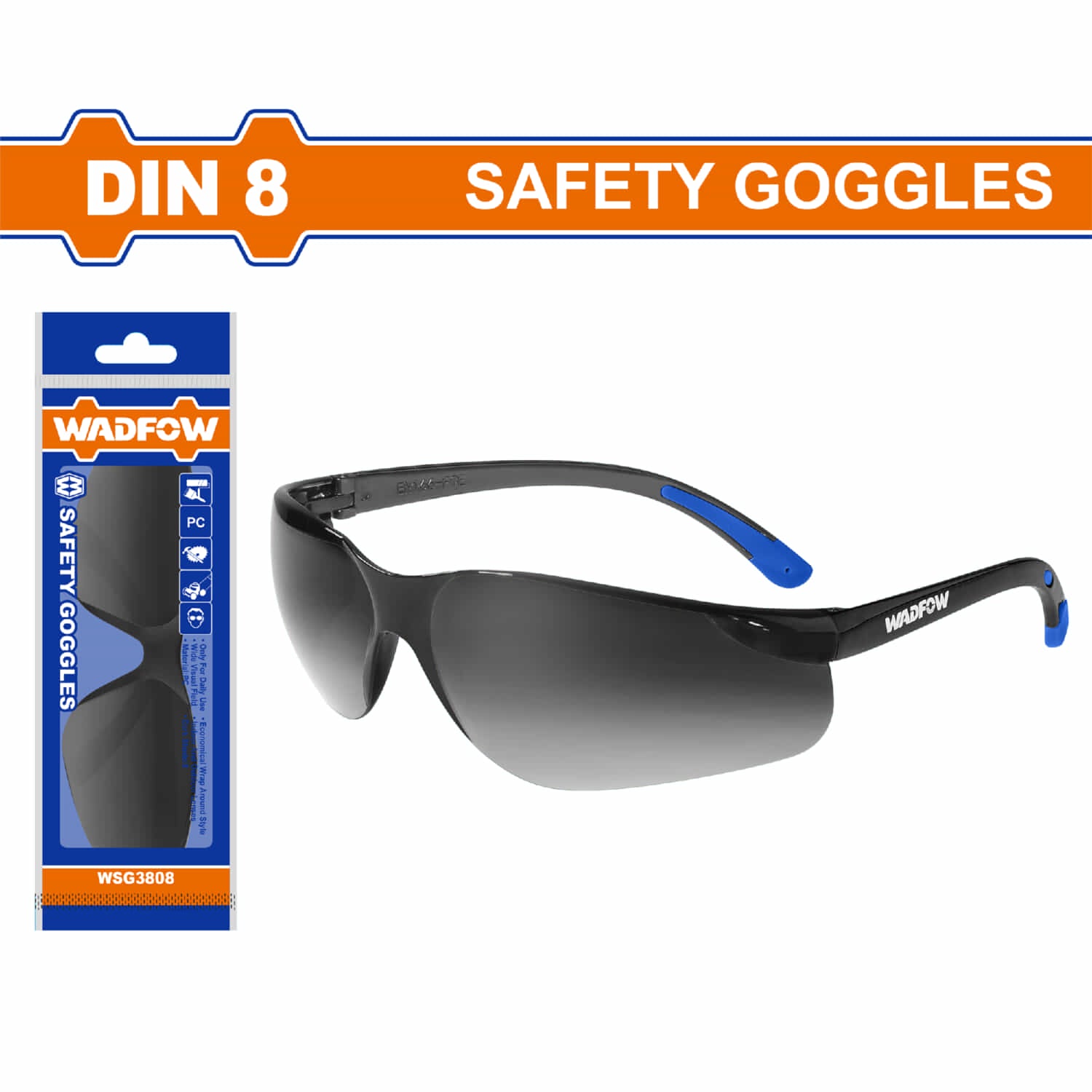 Lentes de seguridad oscuros. Tono DIN 8. Amplio campo visual. Uso en interiores y exteriores.