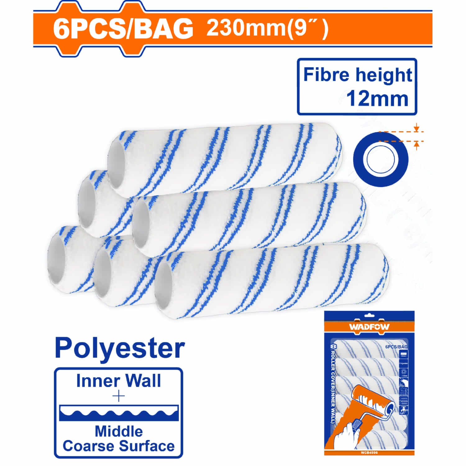 Rodillos para pintar en Interiores 9" Alt.12mm. Poliéster. (Set de 6 pzas)