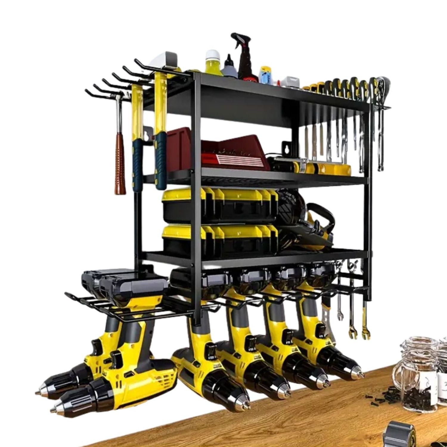 Organizador de herramientas con soporte de pared 4 niveles y soporte para taladros. Metal. Garaje o taller. Estante Rack.