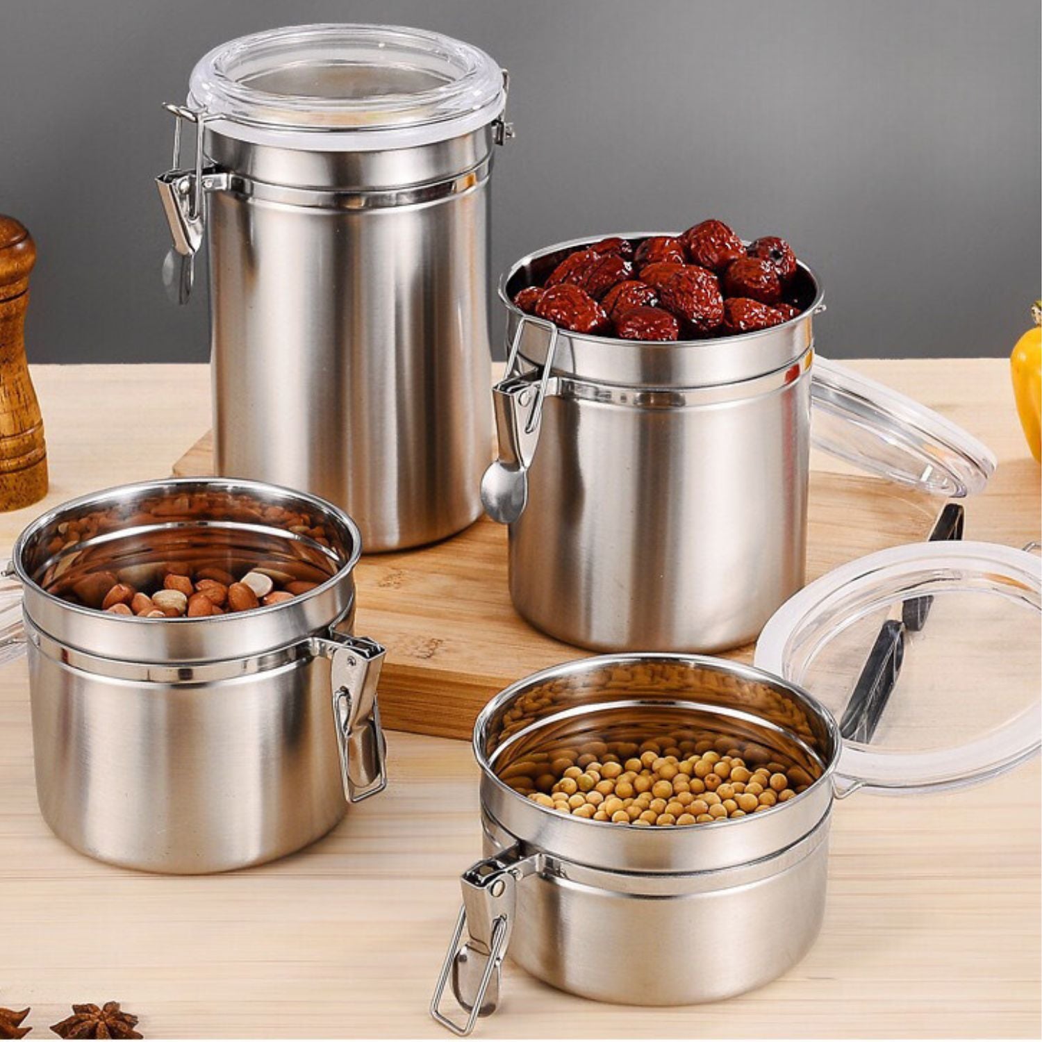Frascos tarros Recipientes herméticos de acero inoxidable, almacena alimentos frescos, azucar café y té. Set de 4 piezas. Frascos para granos.