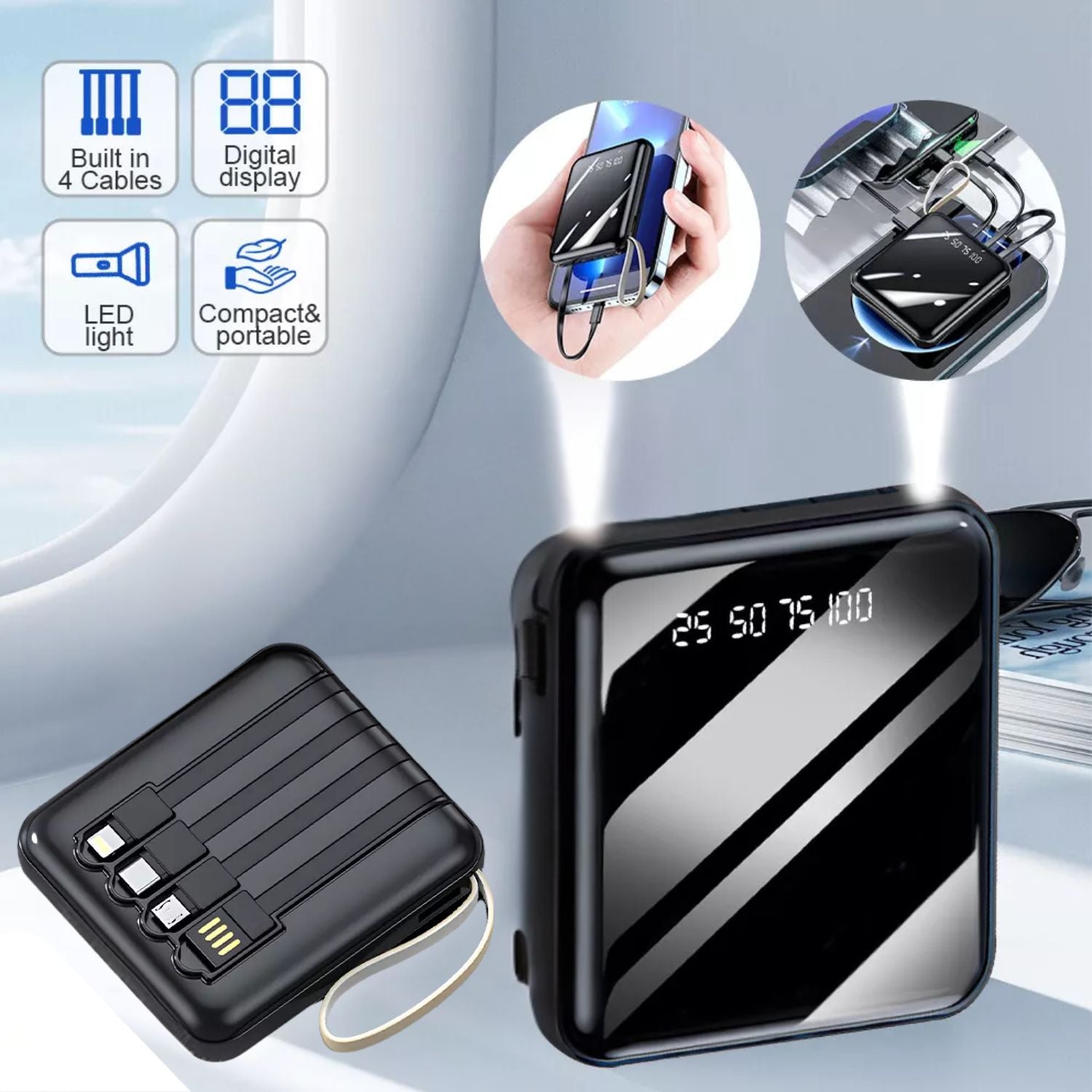 Powerbank portátil Negro 10000mAh 10W carga rápida 2 en 1, Pantalla LED. Ideal con Android y Apple. Bateria Cargador portátil celular