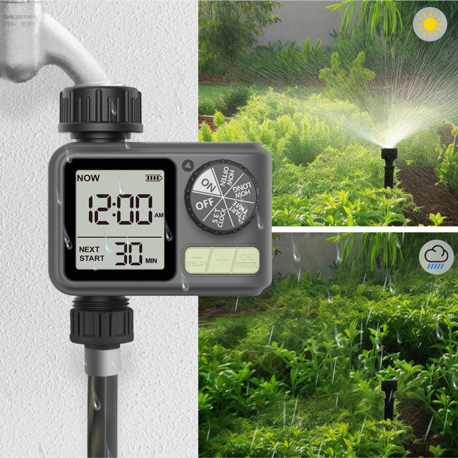 Temporizador de riego con pantalla, modo dual manual e inteligente, con rosca ¾” Usa Batería AAA (2) Timer