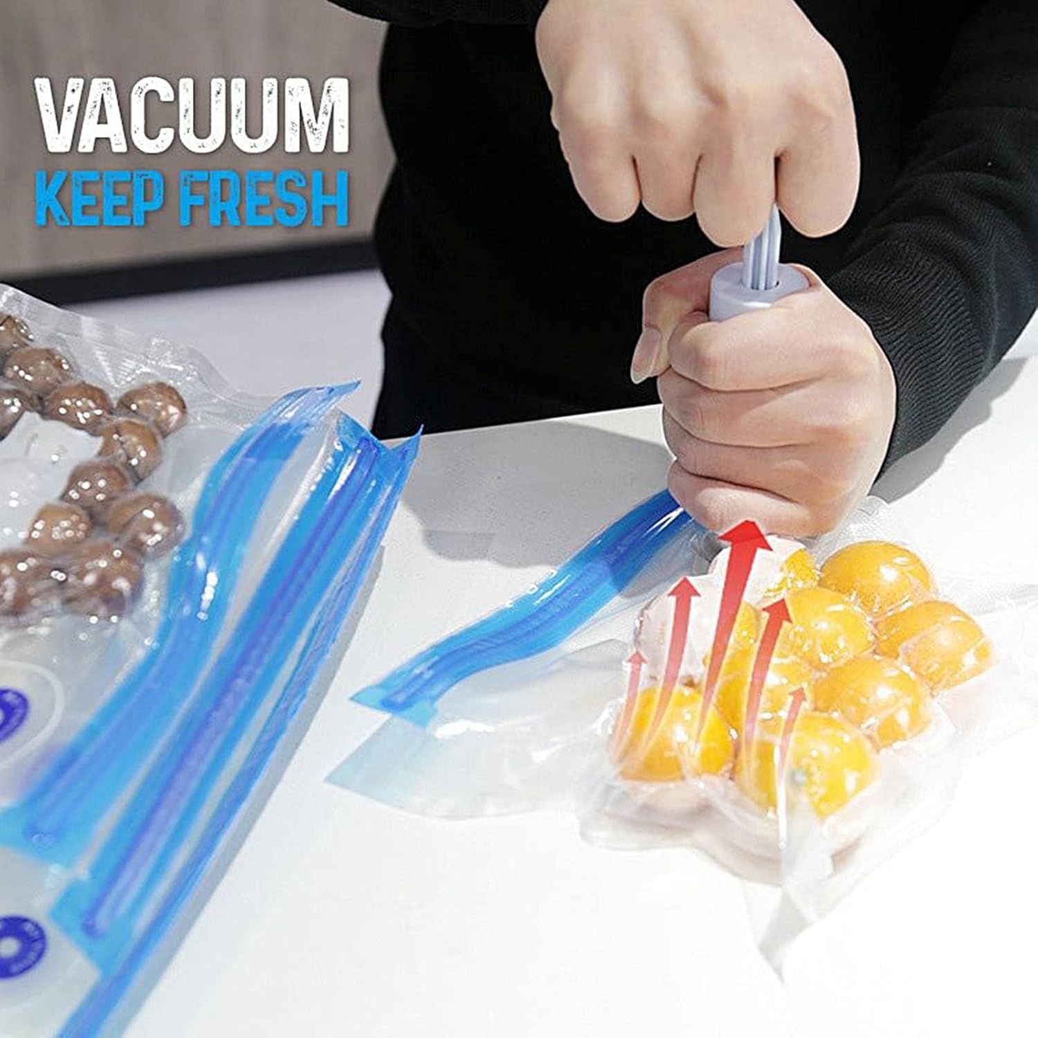 Bolsas de Sellado al vacío para alimentos. Reutilizable con Bomba Manual y clips. Resellable. Set 3 tamaños. 30 bolsas.