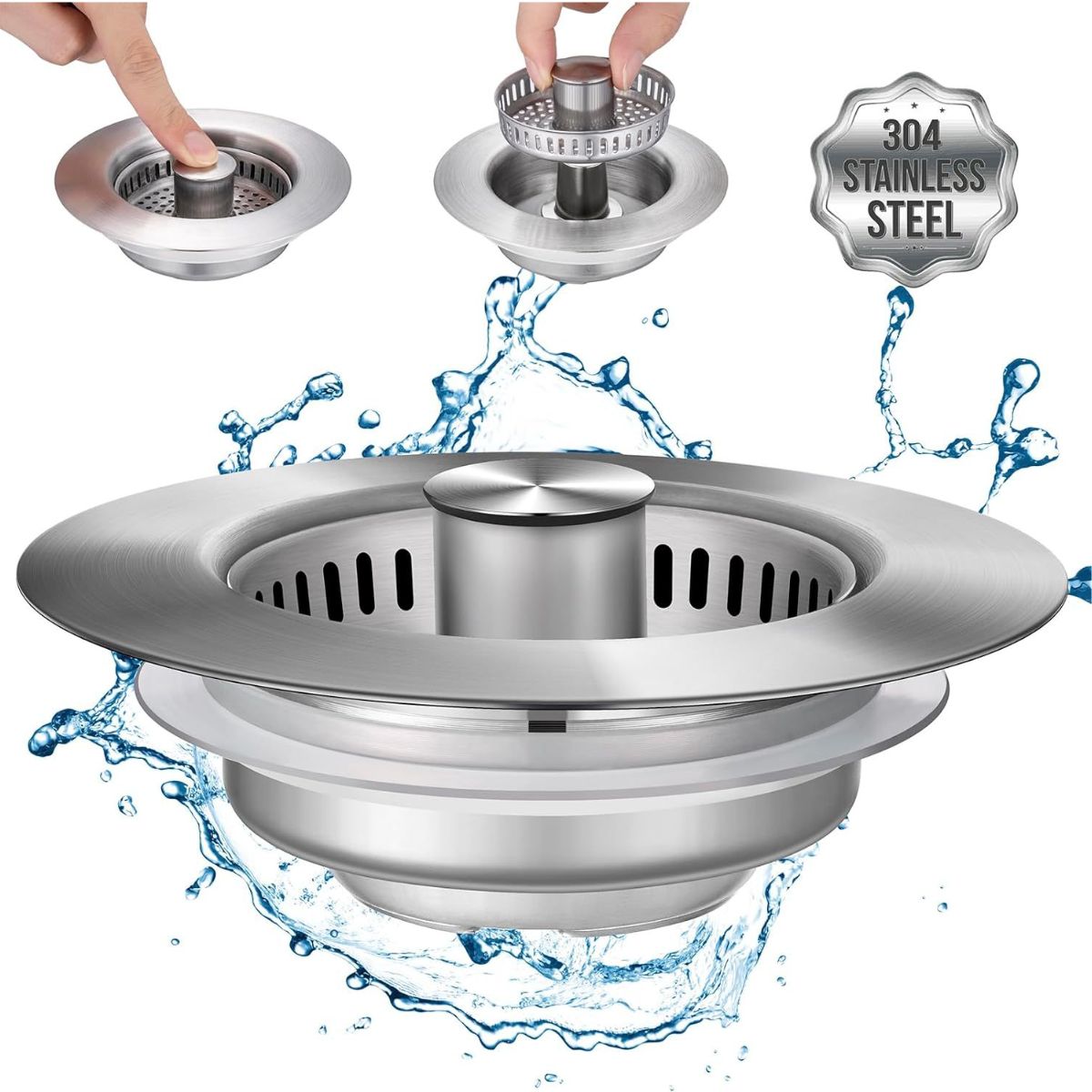 Canasta Colador de drenaje para fregadero 4.5". De acero inoxidable. Tapa Push pull para fregador