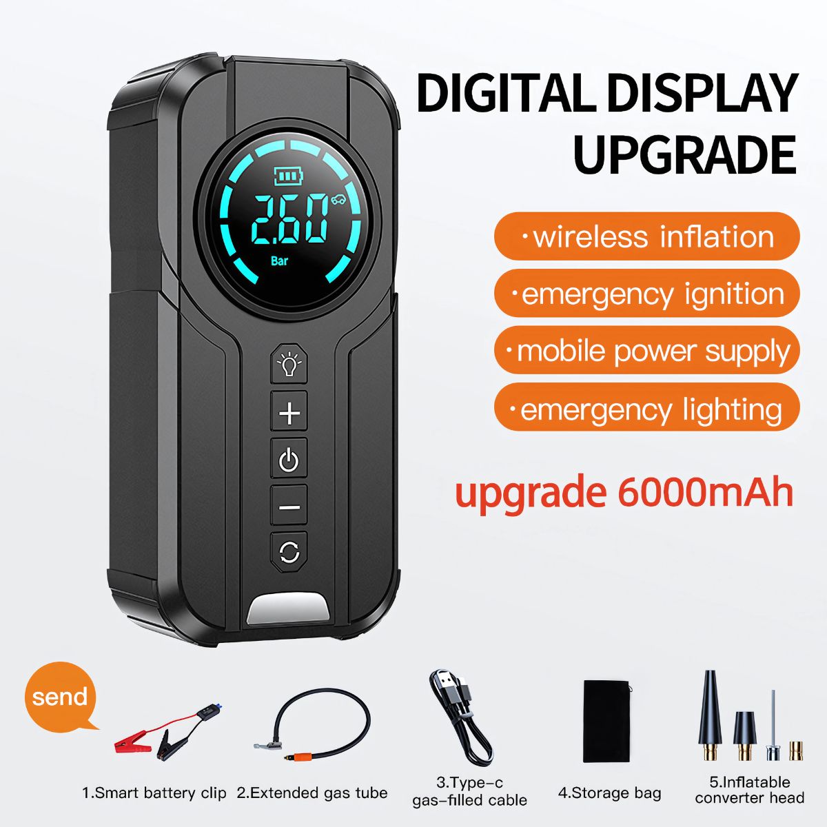 Inflador de llantas digital portátil. 6000mAh. Compresor de neumáticos 12V