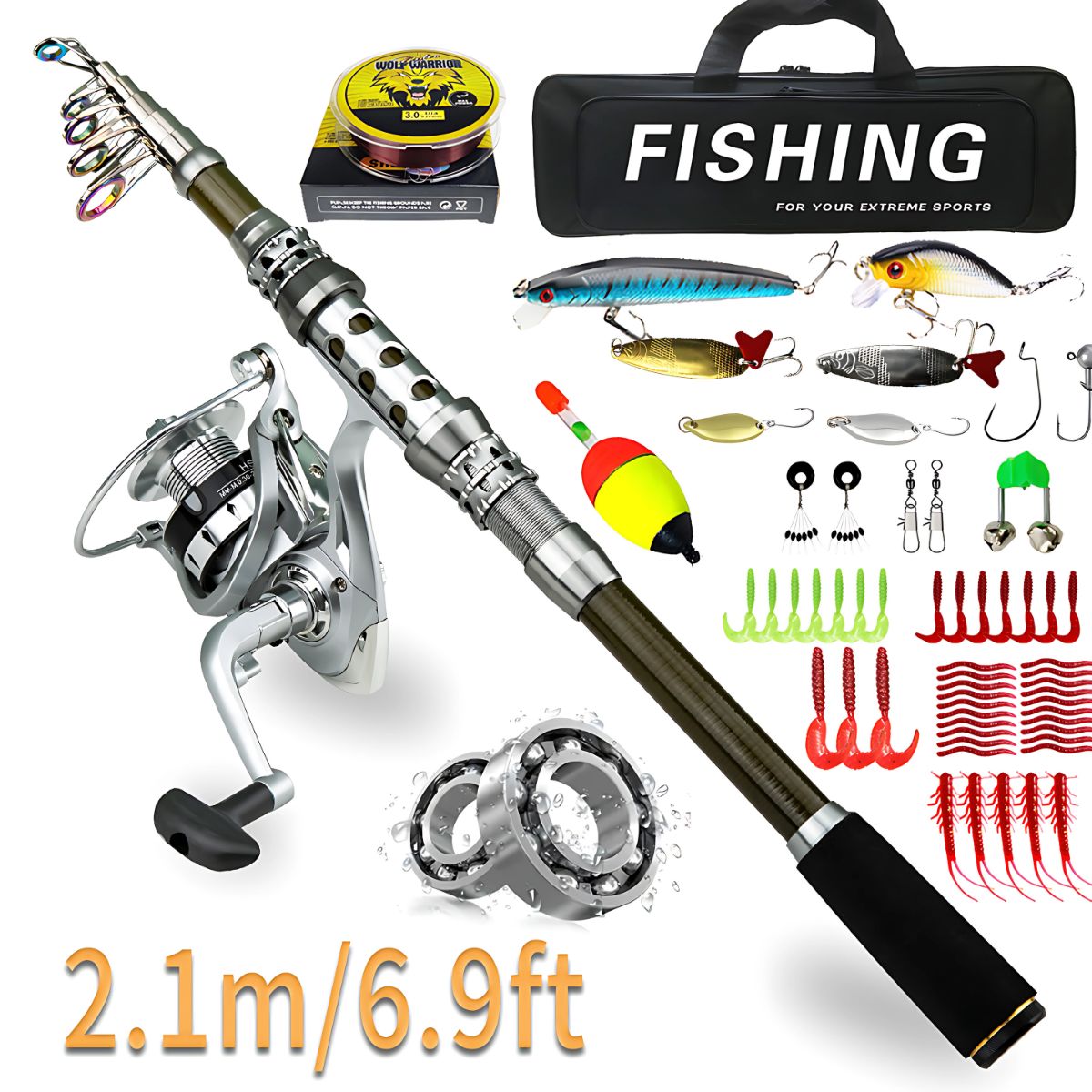 Caña de Pescar Telescópica 2.1m con Carrete y Kit Completo de Accesorios para Pesca