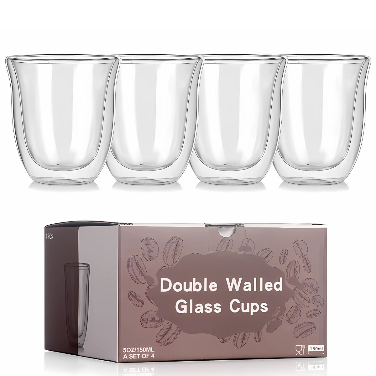 Vasos de vidrio con doble pared. 5oz (150ml) Set de 4 piezas. Ideal para café expresso y bebidas calientes.
