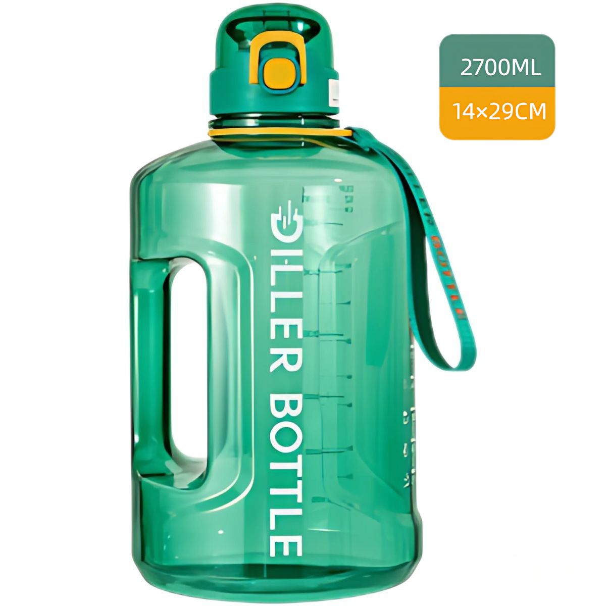 Botella plástica de agua con carrizo incorporado 2700ml. Color verde. BPA Free. 14x29cm.
