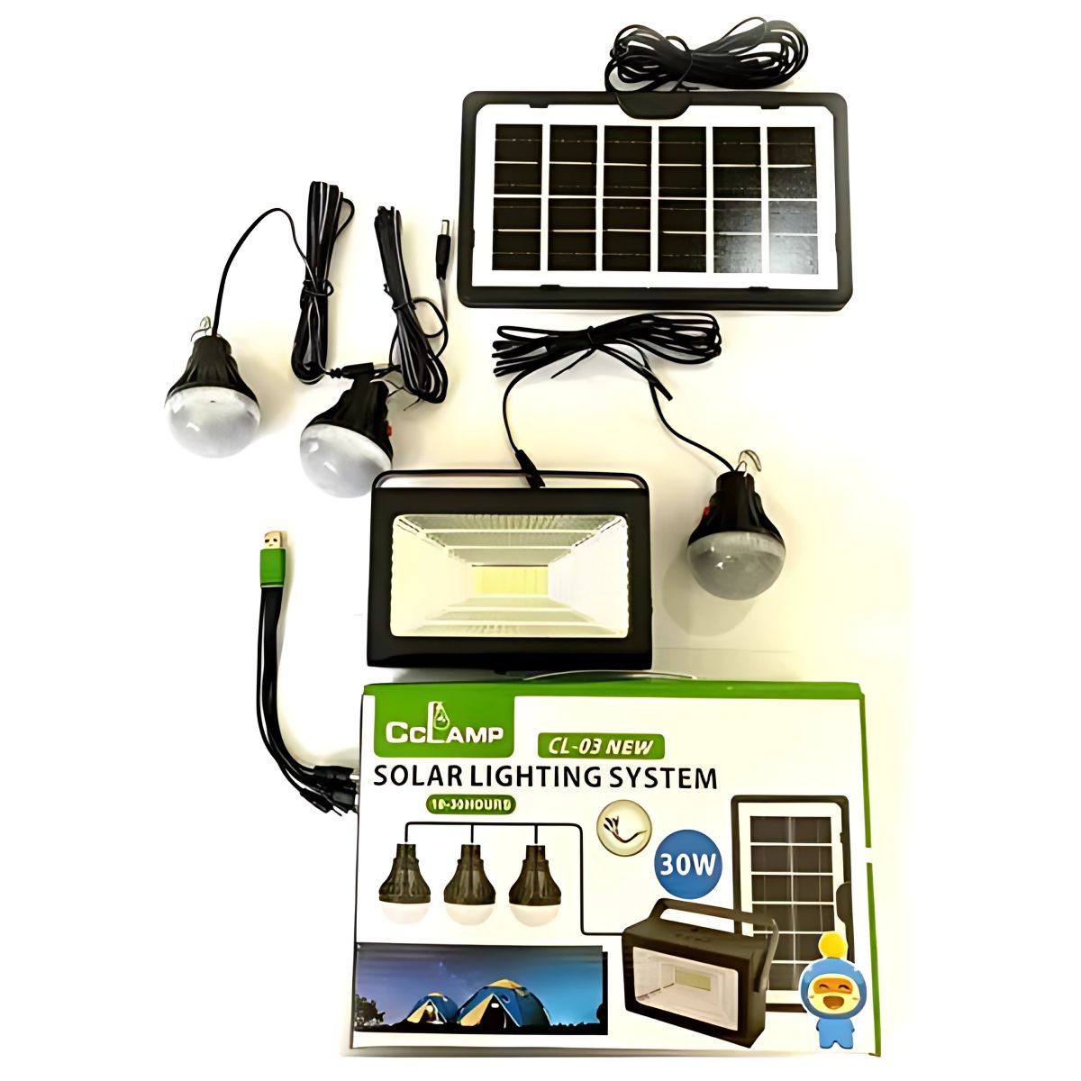 Reflector solar LED portátil con bombillos 30W. Estación de energía solar multifuncional. Power bank con batería de respaldo.