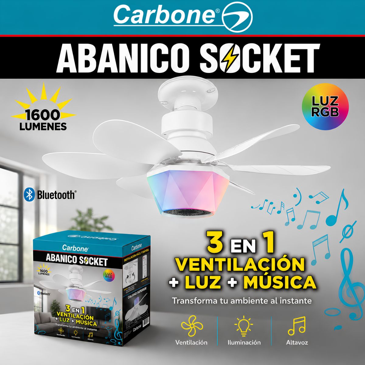 Abanico De Techo 20” Con Socket E27, Luz LED RGB Y 3 Tonos, Bocina Bluetooth. Ventilador Con 6 Aspas, 1600 Lúmenes Y Control Remoto. Color blanco.