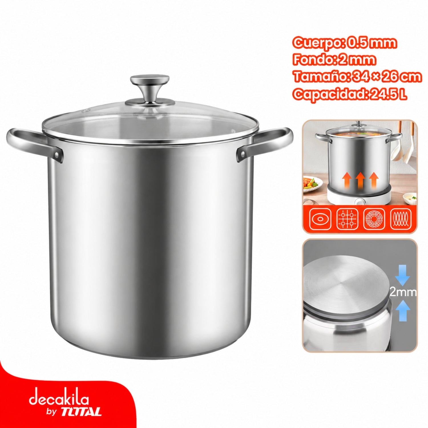 Olla de Acero Inoxidable 24.5L con Tapa de Vidrio Templado 34x26cm