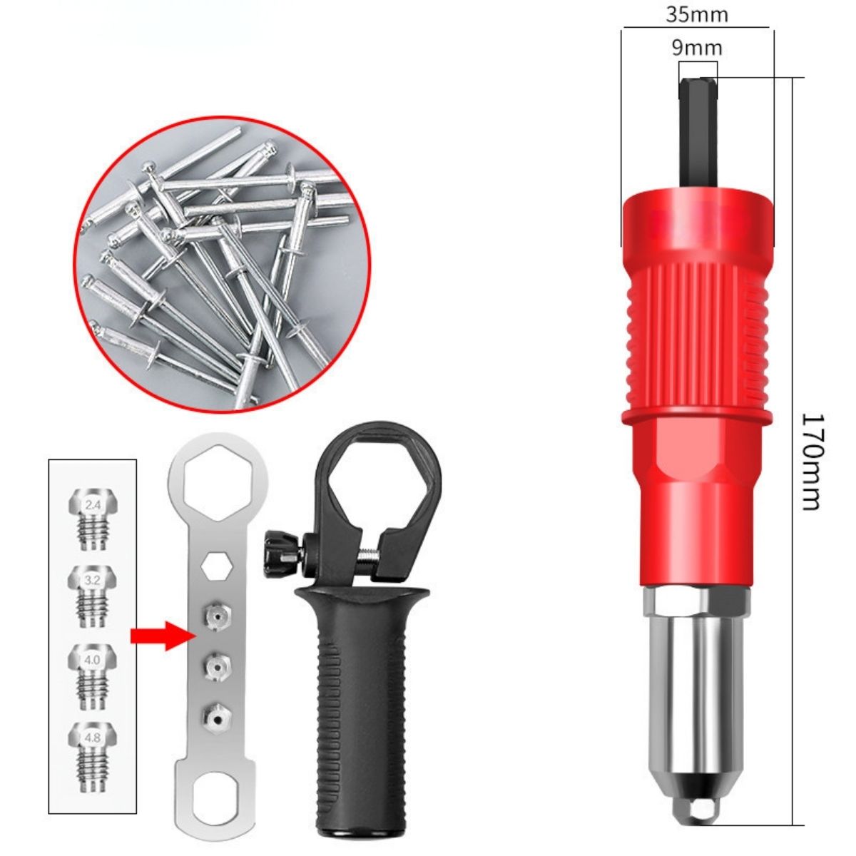 Remachadora Adaptador Para taladro Eléctrico En Acero Aleado. Conversor De Remache Tipo Pistola Con Eje Hexagonal. Incluye Boquillas 2.4/3.2/4.0/4.8 mm Y 50 Remaches.
