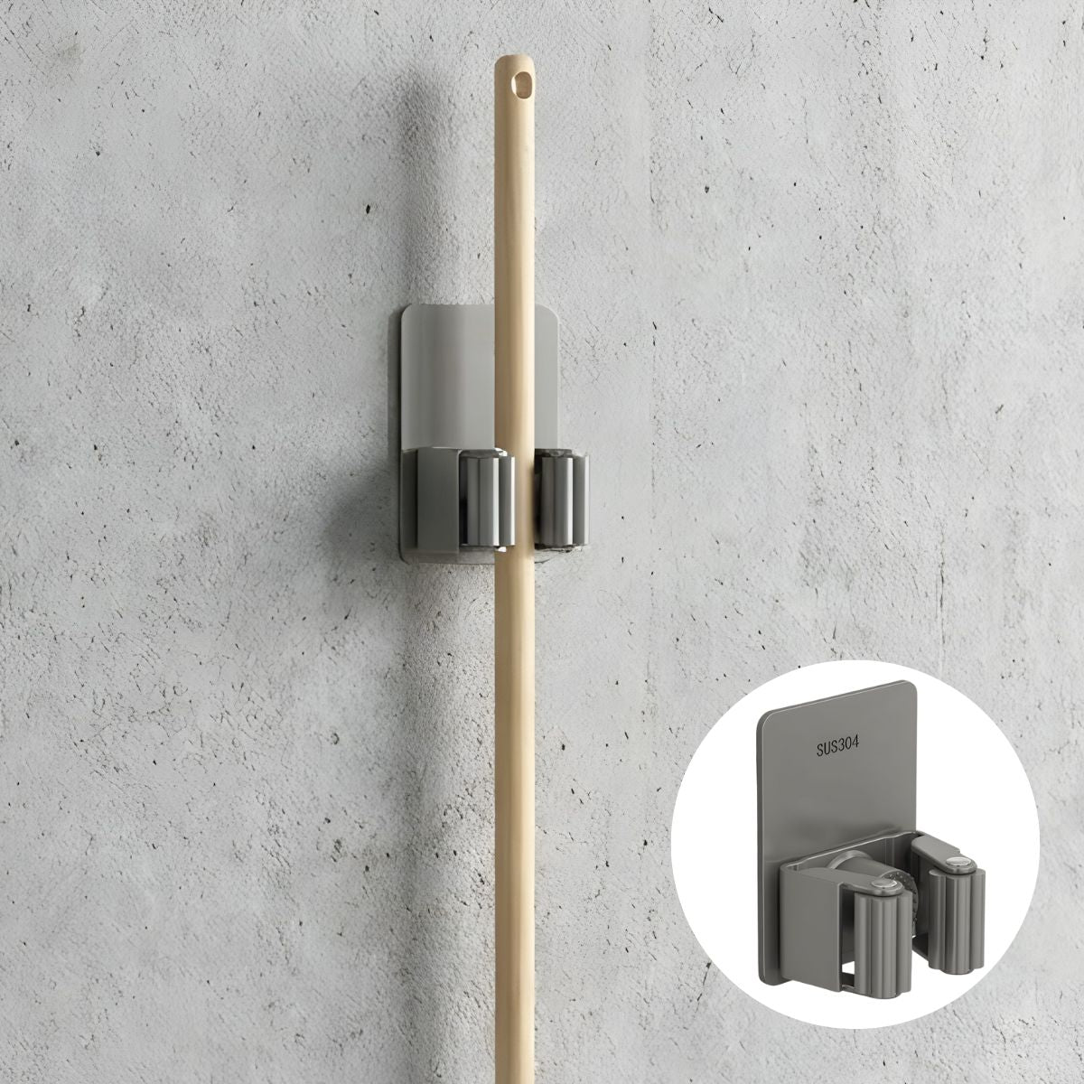 Soporte Gancho Organizador de Pared para Escoba o Trapeador Color Gris con doble abrazadera 7.2 × 5 cm Lavanderia Clip