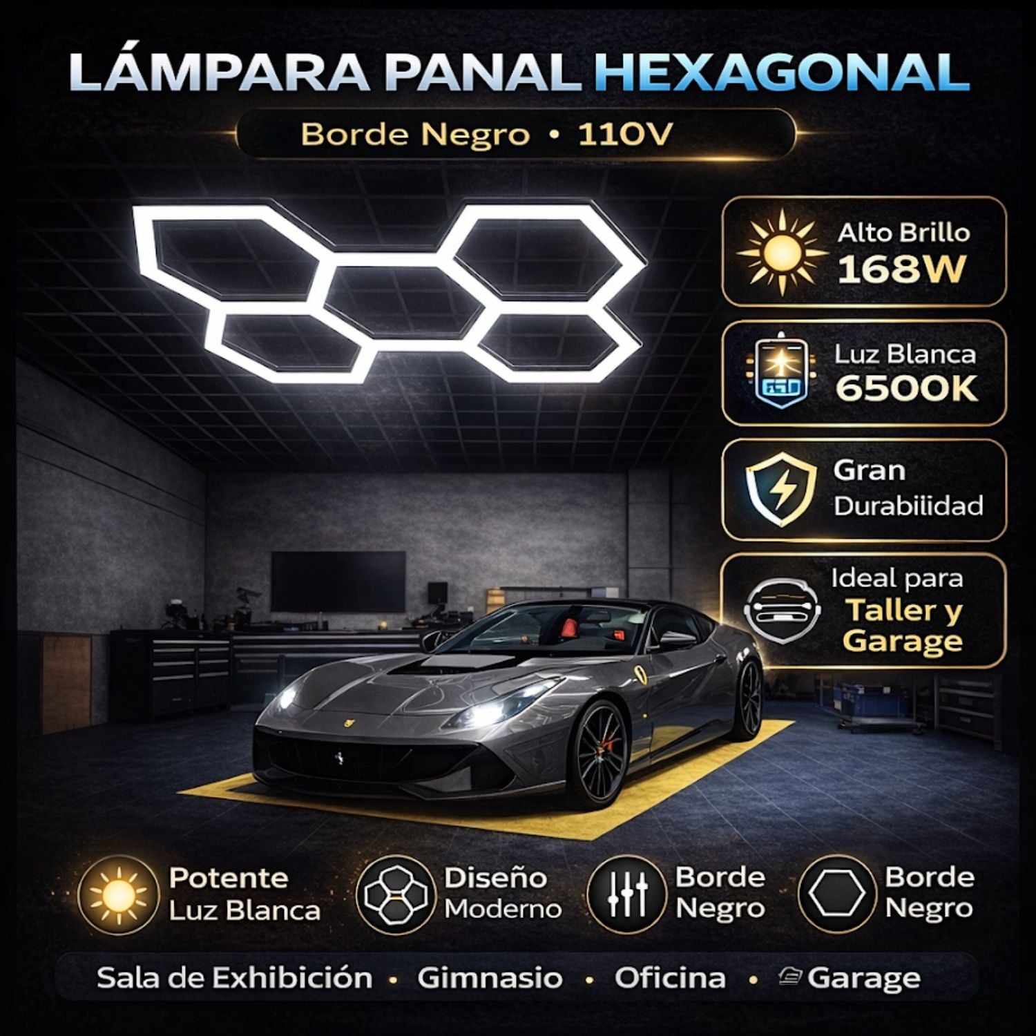 Lampara LED Hexagonal 168W (2444x1707mm) para Garaje y Taller. Panel Modular 5 Hexágonos. Borde Negro 110V. Luz de Garaje y Detailing.