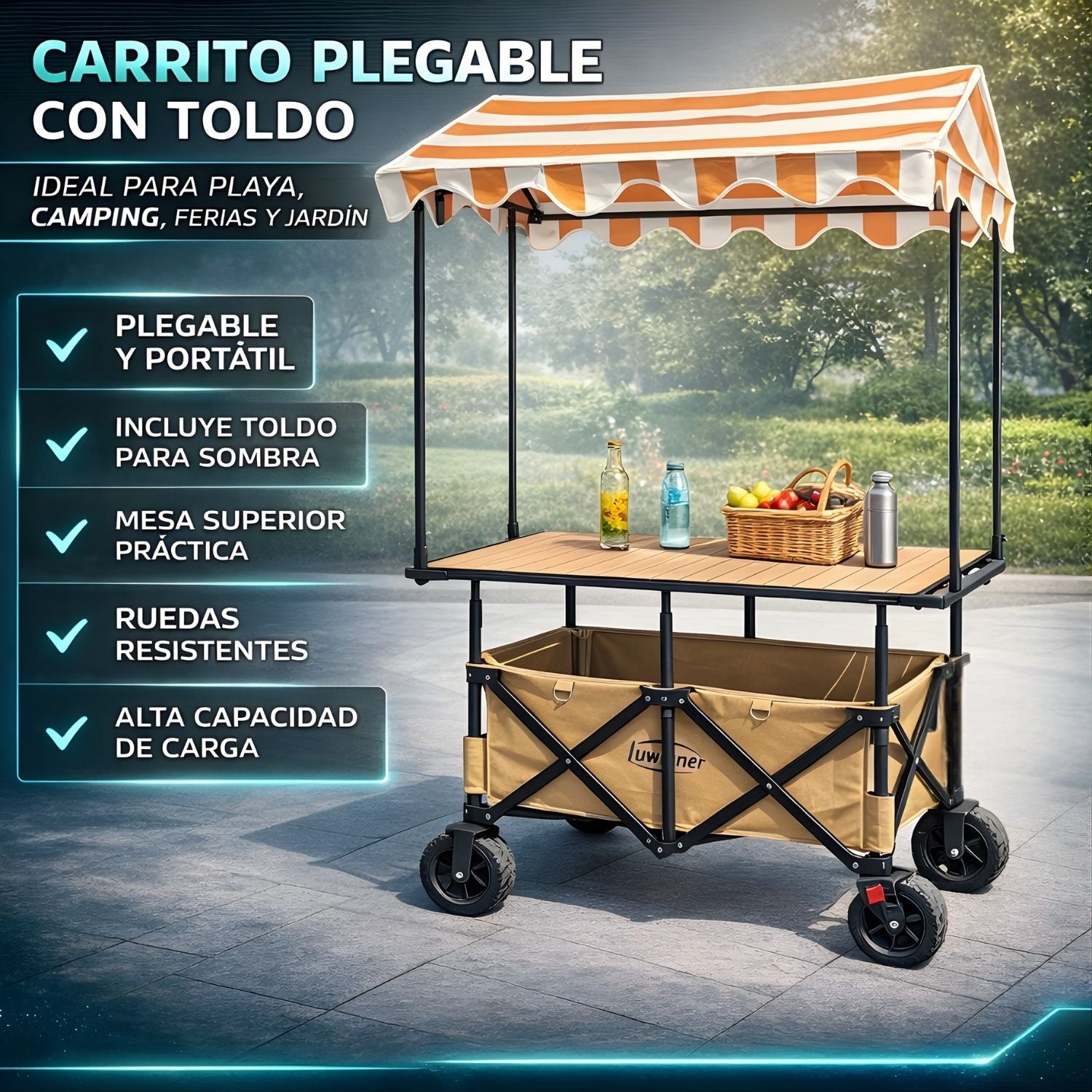 Carrito Plegable Multifunción 3 en 1. Con Toldo Protector y Mesa Superior. Color amarillo. Ideal para Ferias y Eventos. Carrito de ventas. Kiosco con techo