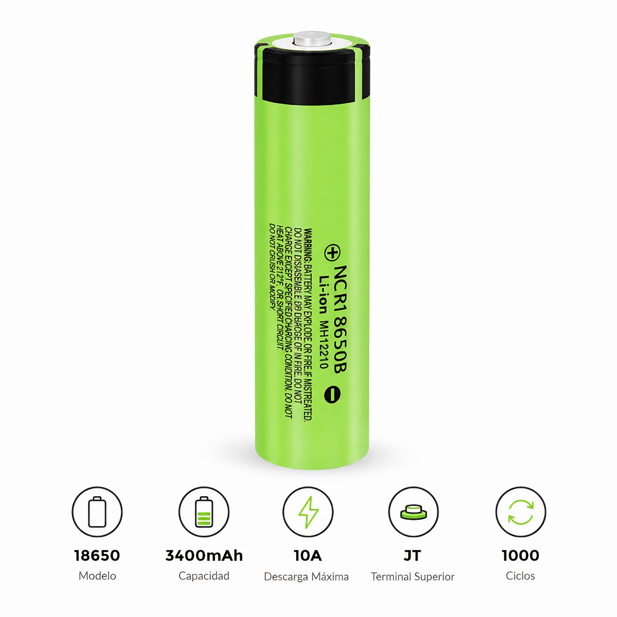 Batería Recargable 18650 3.7V 3400mAh Modelo 34B Terminal Elevado Alta Capacidad Descarga 10A para Linternas y Equipos Electrónicos. 1000 Ciclos de Vida
