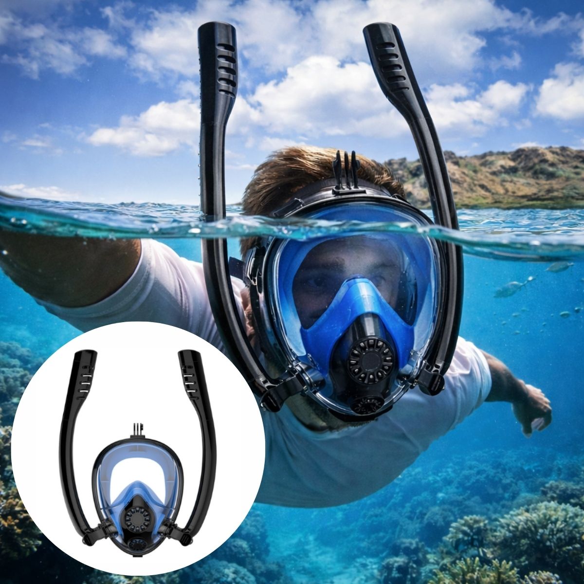 Máscara careta de Buceo Cara Completa con Snorkel Sistema Antivaho 180° Vista Panorámica Talla S/M. Color Negro y Azul.
