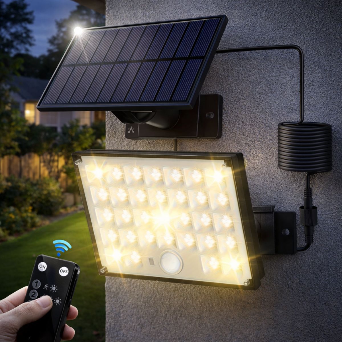 Lámpara Solar LED para Jardín y Paisajismo con Estaca Exterior con Sensor de Movimiento y Control Remoto (15x11cm). Reflector Impermeable IP65 con 3 Modos de Iluminación