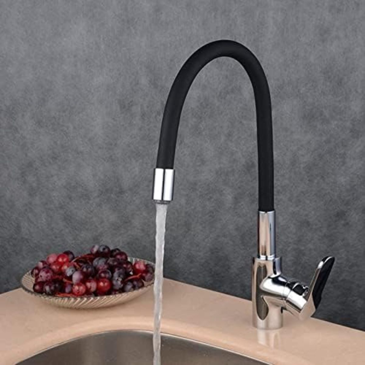 Grifo de fregadero flexible. Color negro. Pluma llave para fregador de cocina. Cuello de silicona flexible.
