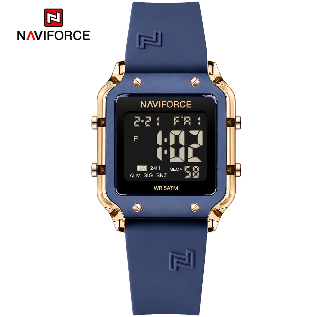 Naviforce Reloj Digital Azul con Detalles Rose Gold y Correa de Silicona, Diámetro de 34 mm, Cristal Acrílico HD y Resistencia al Agua 5 ATM.