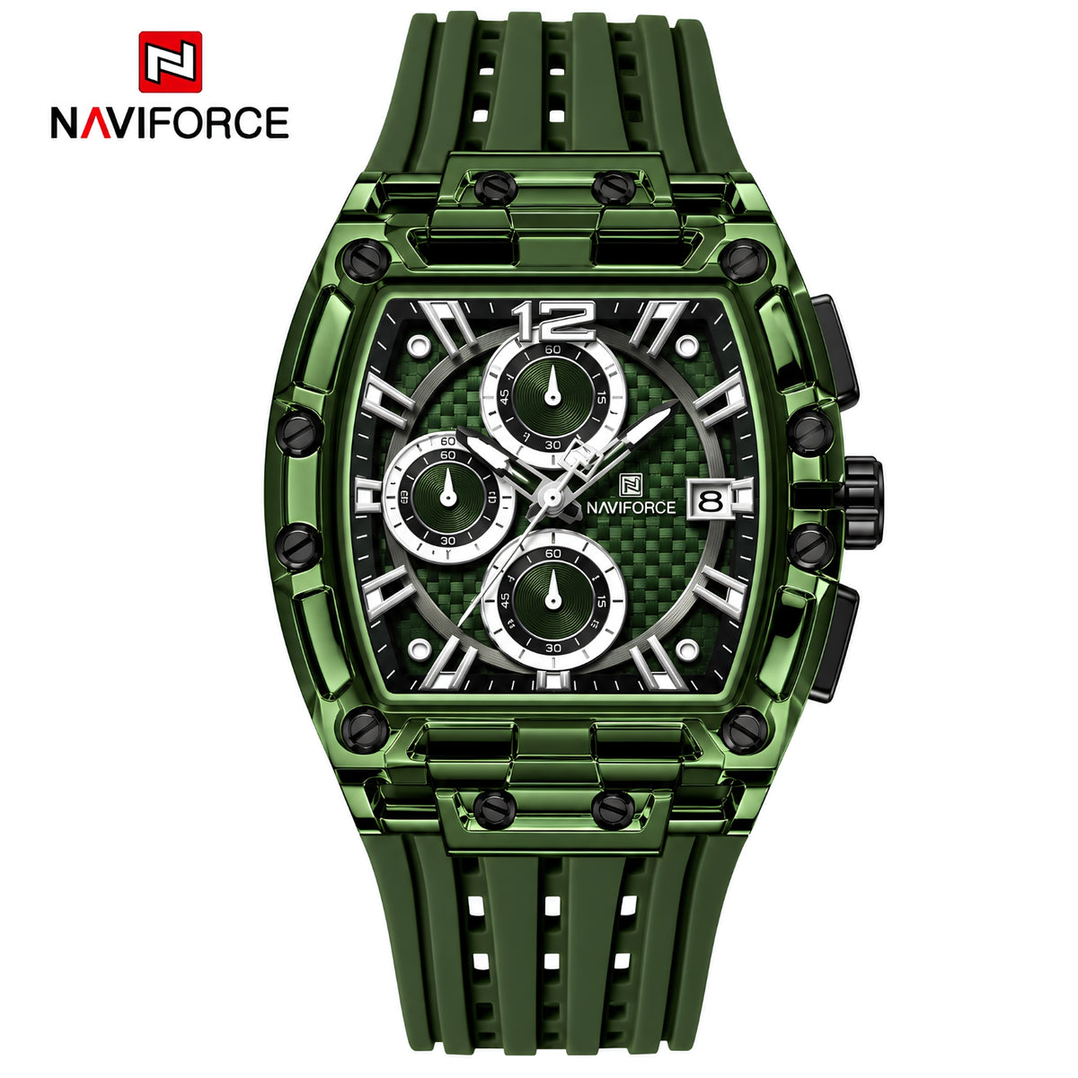 Naviforce Reloj Cronógrafo de Hombre con Esfera Cuadrada Verde Ø42.5 mm, Caja de Plástico PC, Correa de Silicona Verde, Cristal Acrílico HD y Resistencia al Agua 5 ATM