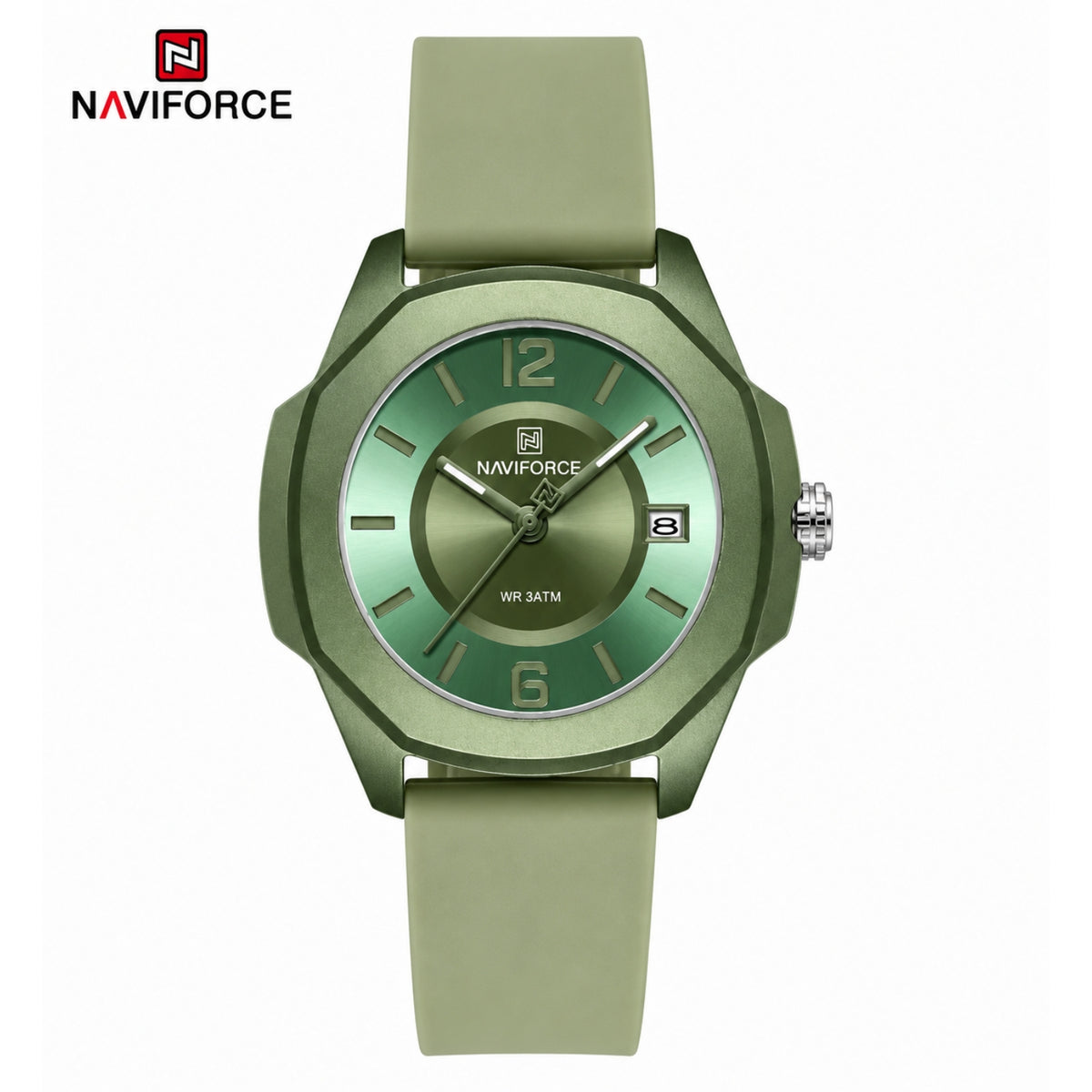 Naviforce Reloj Analógico Verde con Correa de Silicona, Diámetro de 34 mm, Cristal Acrílico HD y Resistencia al Agua 5 ATM.