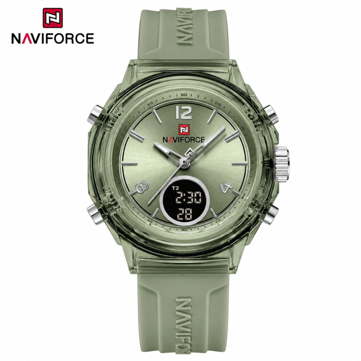 Naviforce Reloj Analógico y Digital verde con Pantalla LCD, Correa de Silicona, Diámetro de 35 mm y Resistencia al Agua 5 ATM.