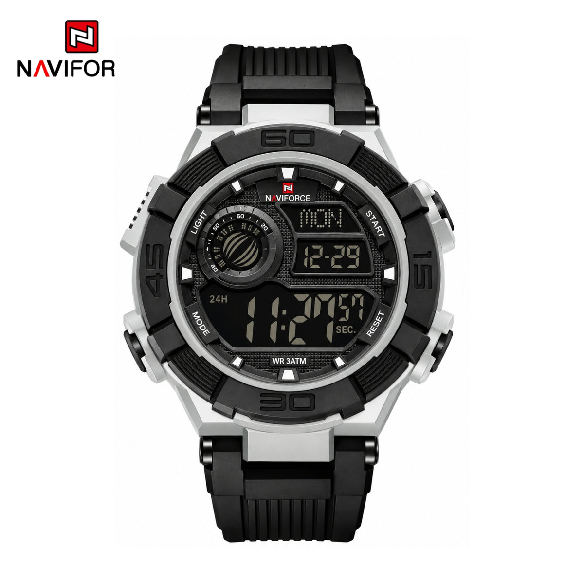 Naviforce Reloj Digital Negro, Correa de Silicona, Diámetro de 47 mm y Resistencia al Agua 5 ATM.