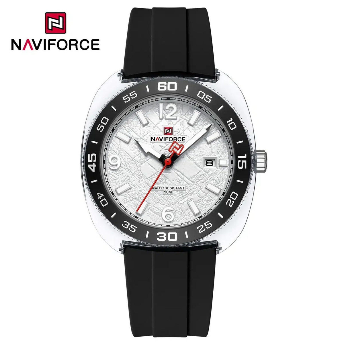 Naviforce Reloj Analógico Blanco con Detalles Negros, Diámetro de 41 mm, Cristal Acrílico HD y Resistencia al Agua 5 ATM.
