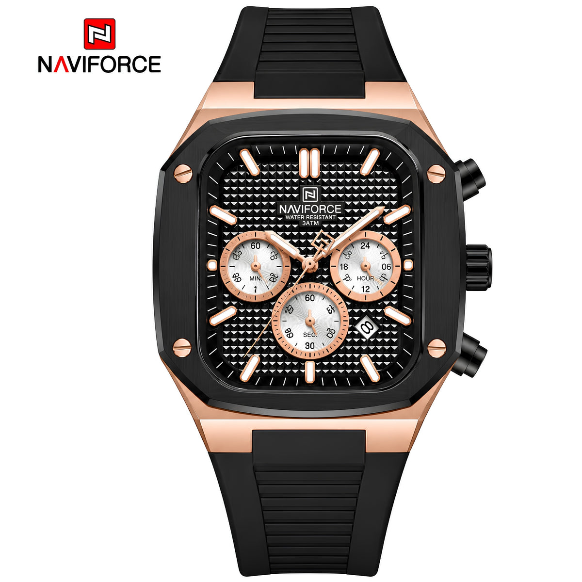 Naviforce Reloj Cronógrafo Negro y Rose Gold con Correa Negra de Silicona, Diámetro de 43 mm, Cristal Mineral Endurecido y Resistencia al Agua 3 ATM.