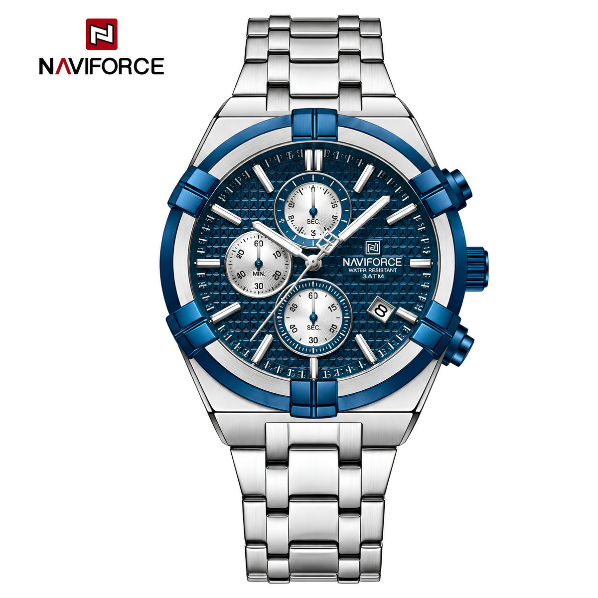 Naviforce Reloj Cronógrafo Plateado y Azul para Hombre con Correa de Acero Inoxidable, Diámetro de 43 mm, Cristal Mineral Endurecido y Resistencia al Agua 3 ATM.
