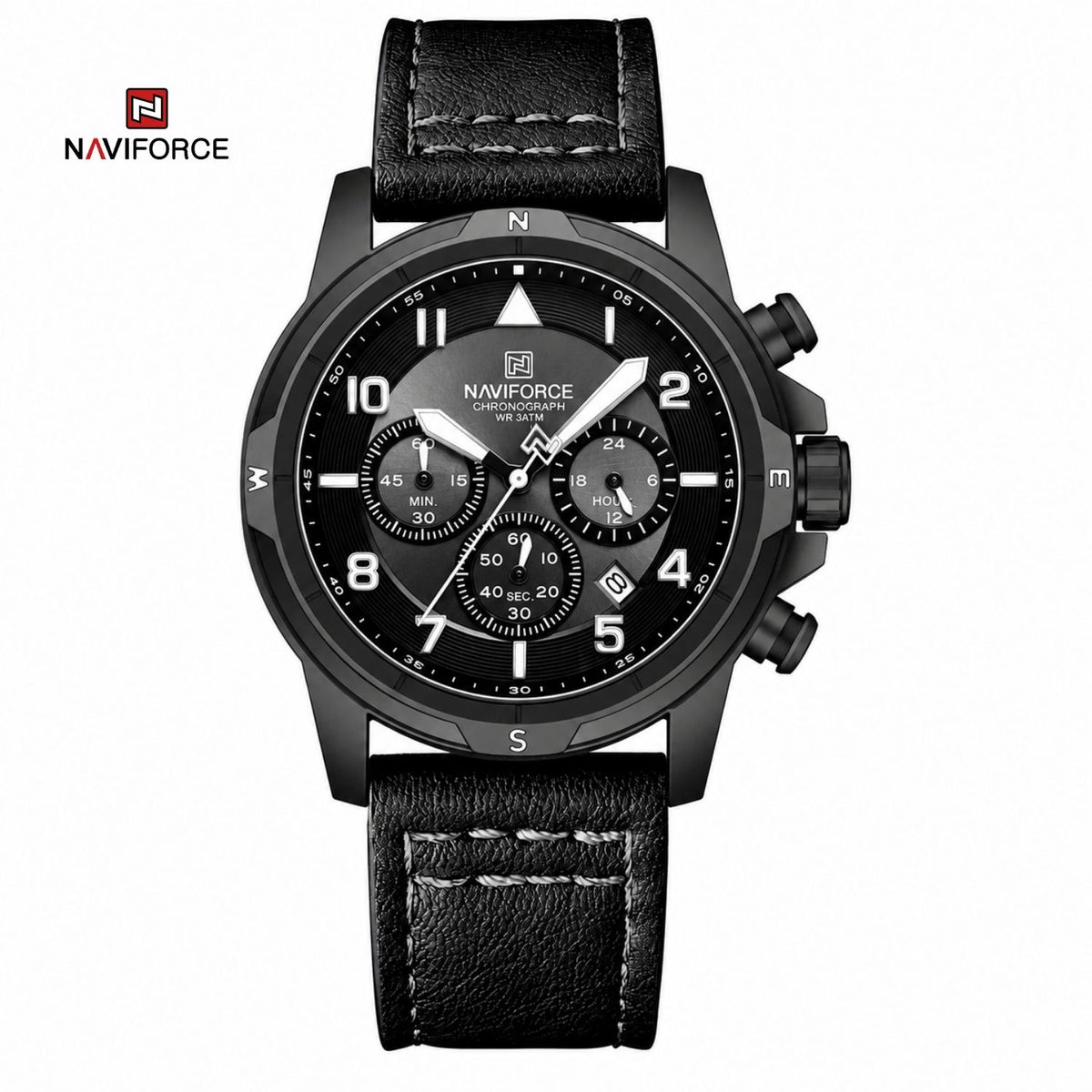 Reloj Naviforce Cronógrafo de Cuarzo Color Negro con Correa de Cuero Genuino, Movimiento Chino PE902, Diámetro de 44 mm y Resistencia al Agua 3 ATM