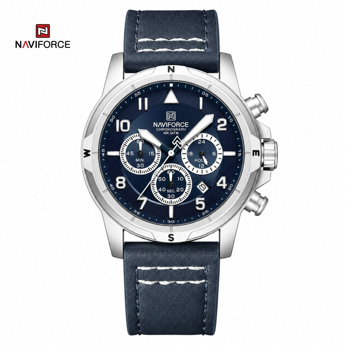 Reloj Naviforce Cronógrafo de Cuarzo Color Azul Plata con Correa de Cuero Genuino, Movimiento Chino PE902, Diámetro de 44 mm y Resistencia al Agua 3 ATM