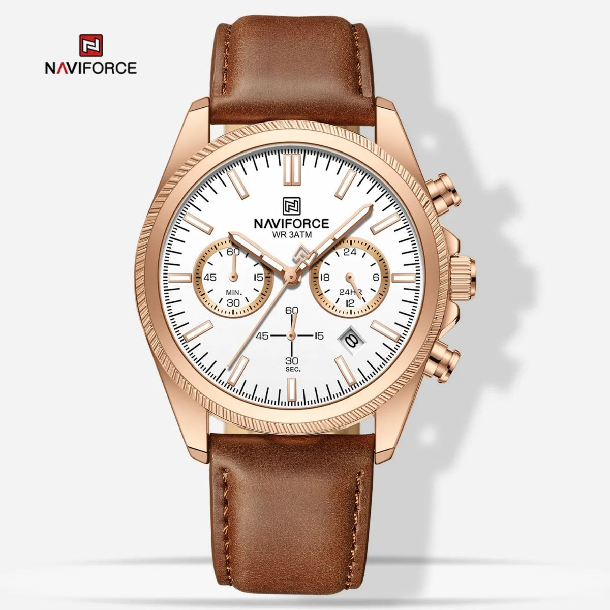 Naviforce Reloj Cronógrafo de Cuarzo Color Marrón con Correa de Cuero, Movimiento Chino PE902, Diámetro de 42 mm y Resistencia al Agua 3 ATM