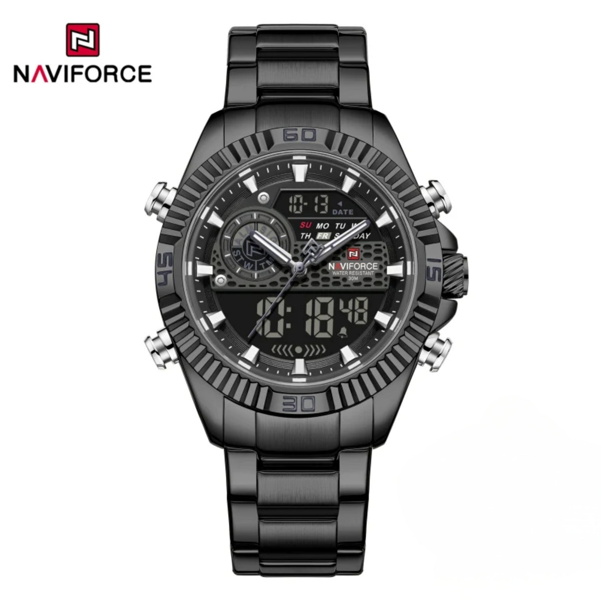 Naviforce Reloj Analógico Digital Negro con Pantalla LCD, Correa de Acero Inoxidable, Diámetro de 45 mm, Calendario y Resistencia al Agua 3 ATM.