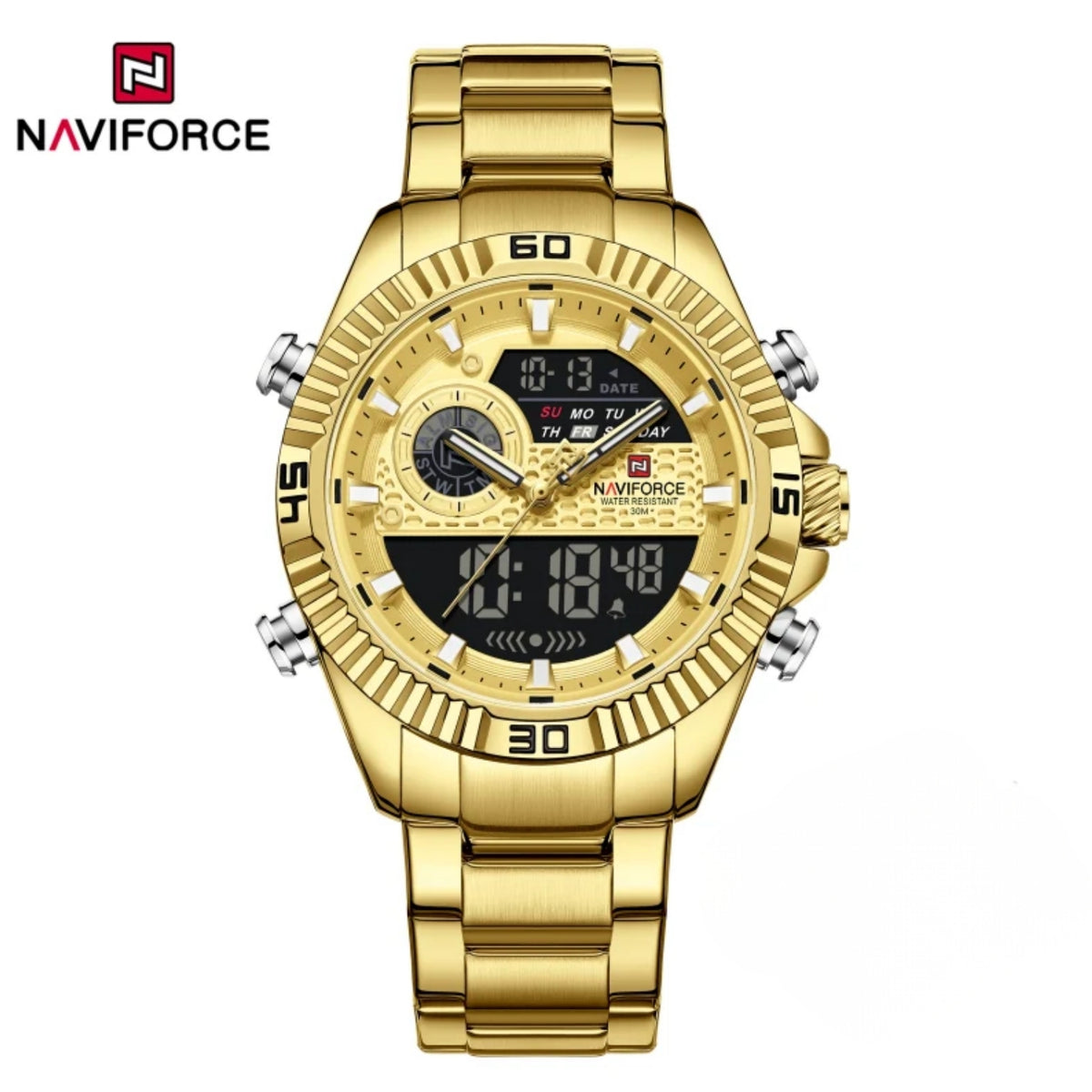 Naviforce Reloj Analógico Digital Dorado con Pantalla LCD, Correa de Acero Inoxidable, Diámetro de 45 mm, Calendario y Resistencia al Agua 3 ATM.
