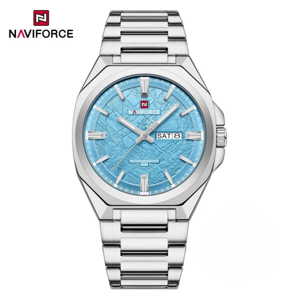 Naviforce Reloj Analógico Azul Plateado con Caja y Correa de Acero Inoxidable, Diámetro de 41 mm, Calendario y Resistencia al Agua 3 ATM.