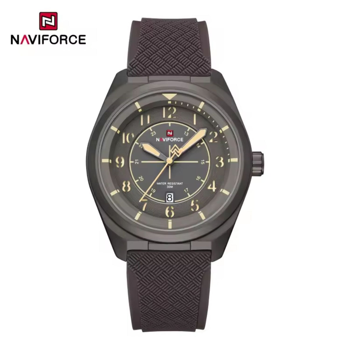 Reloj Naviforce de Cuarzo Color Chocolate con Calendario, Correa de Silicona, Movimiento Japonés Seiko AX32, Diámetro de 44 mm y Resistencia al Agua 3 ATM