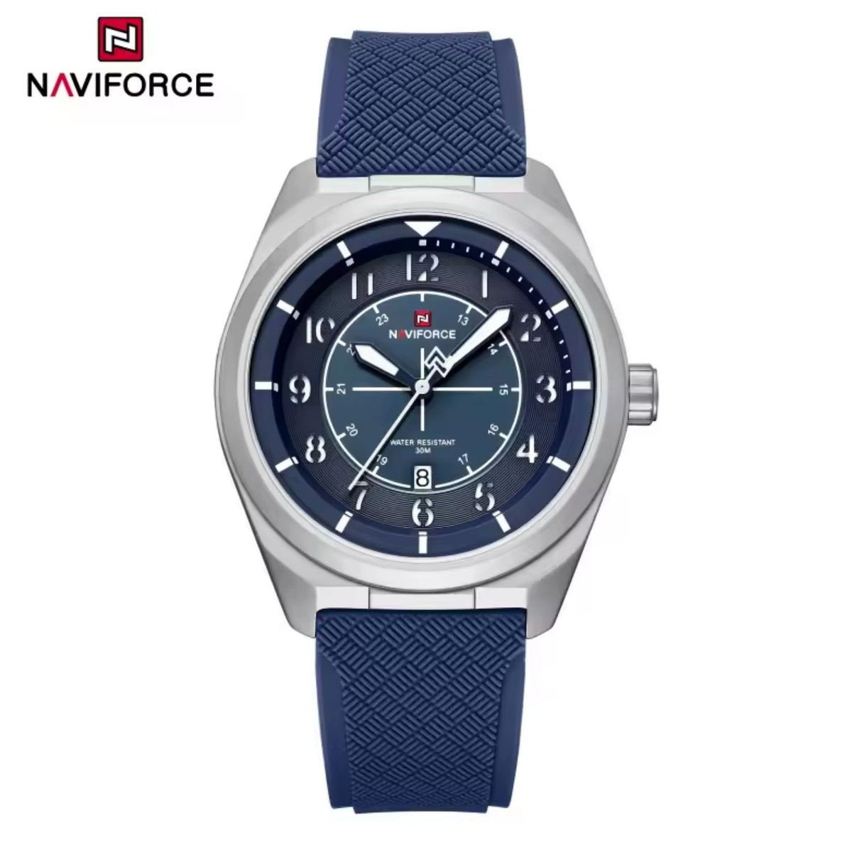 Reloj Naviforce de Cuarzo Color Azul con Calendario, Correa de Silicona, Movimiento Japonés Seiko AX32, Diámetro de 44 mm y Resistencia al Agua 3 ATM
