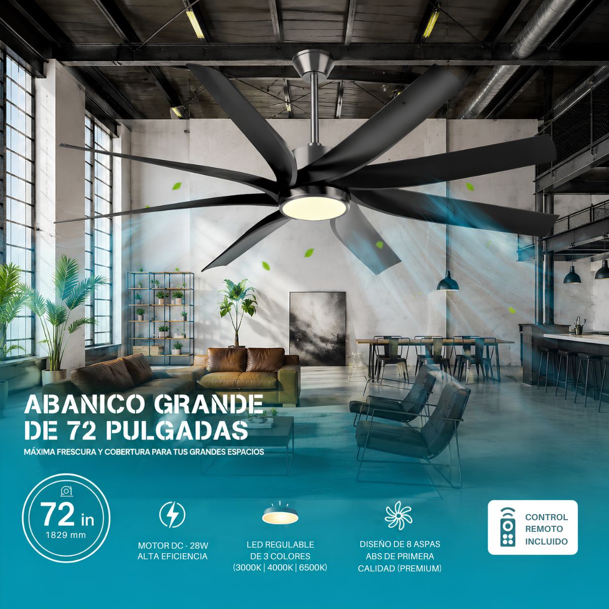 Abanico de Techo LED 3 Tonos de Luz 72" de 8 Aspas. Ventilador de 6 Velocidades Motor DC 28W y Control Remoto, Función Reversible. Color Negro