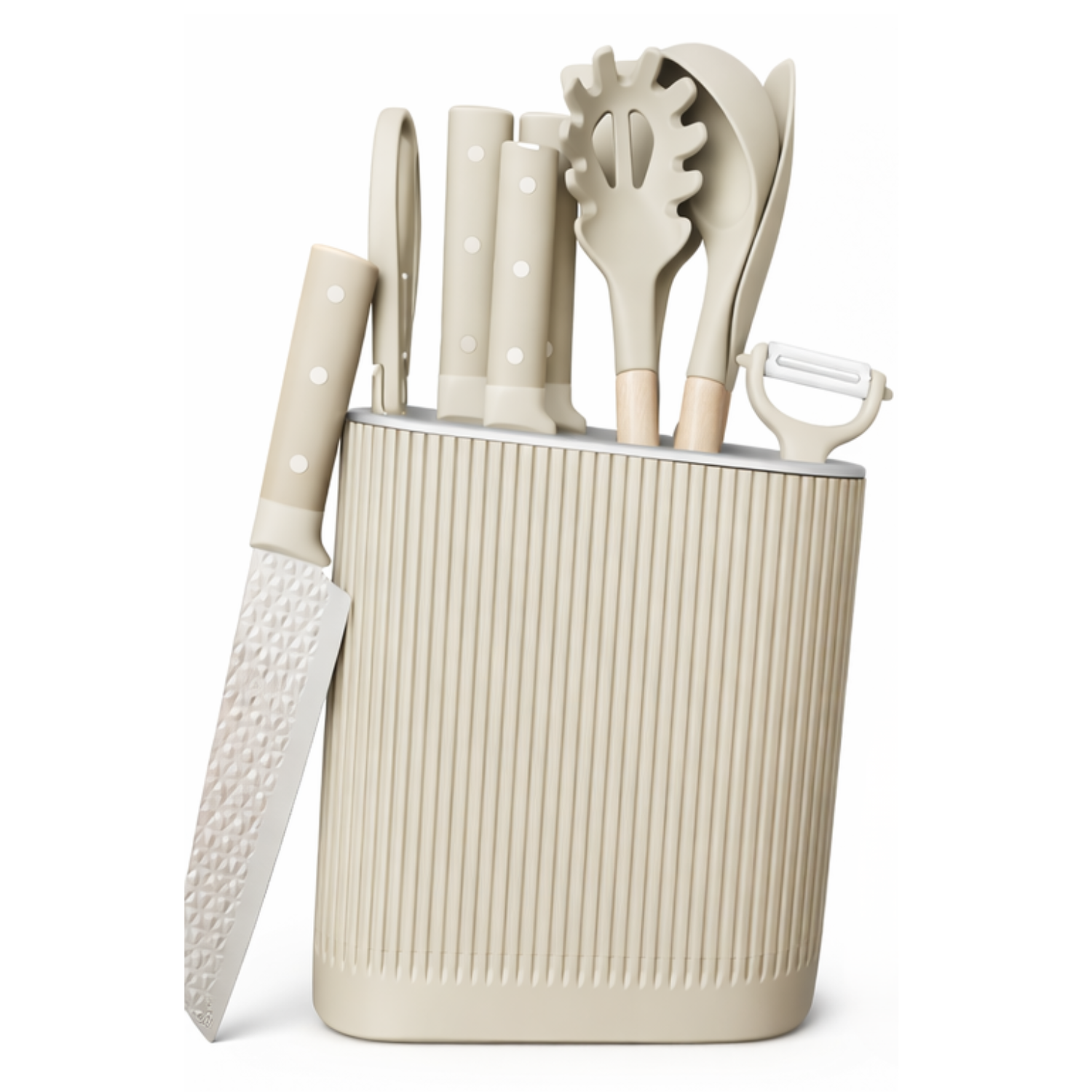 Utensilios de Cocina y cuchillos Color Beige Set de 11 Piezas con Soporte. Diseño Texturizado Antiadherente.