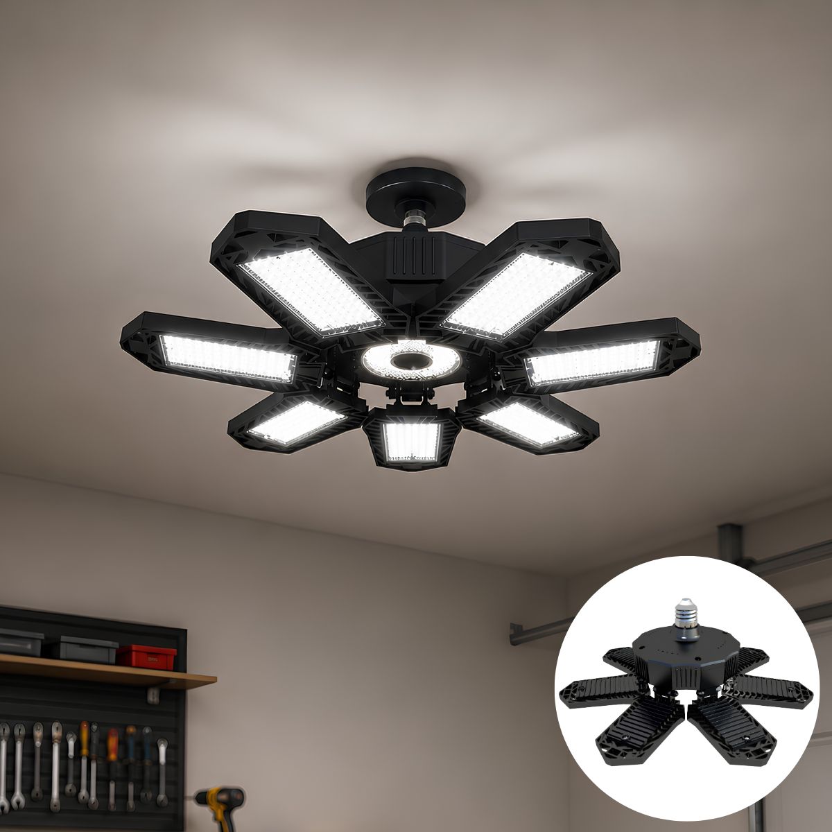 Lámpara LED Plegable Tipo Aspa para Techo E26/E27 6500K. Foco Luz Ajustable de Alta Potencia para Garaje, Taller y Almacén (230x230x92mm). 85-265V
